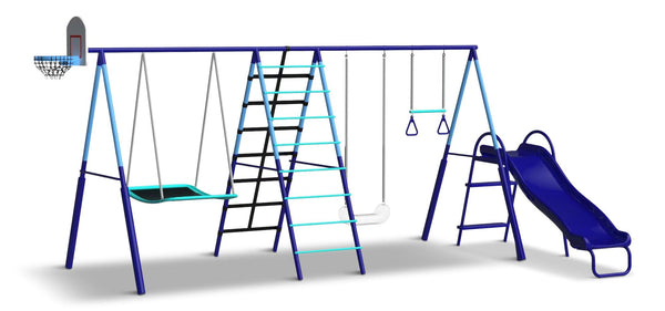 Sunset Slam Kids' 7-Station LED Metal Swing Set Combo with Basketball Hoop & Slide O4604