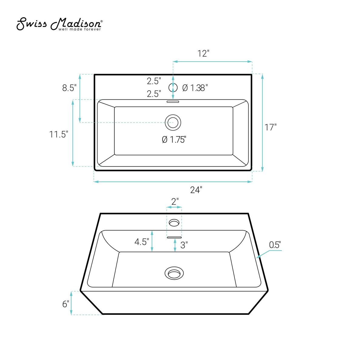 Claire Rectangle Wall-Mount Bathroom Sink, 24-in