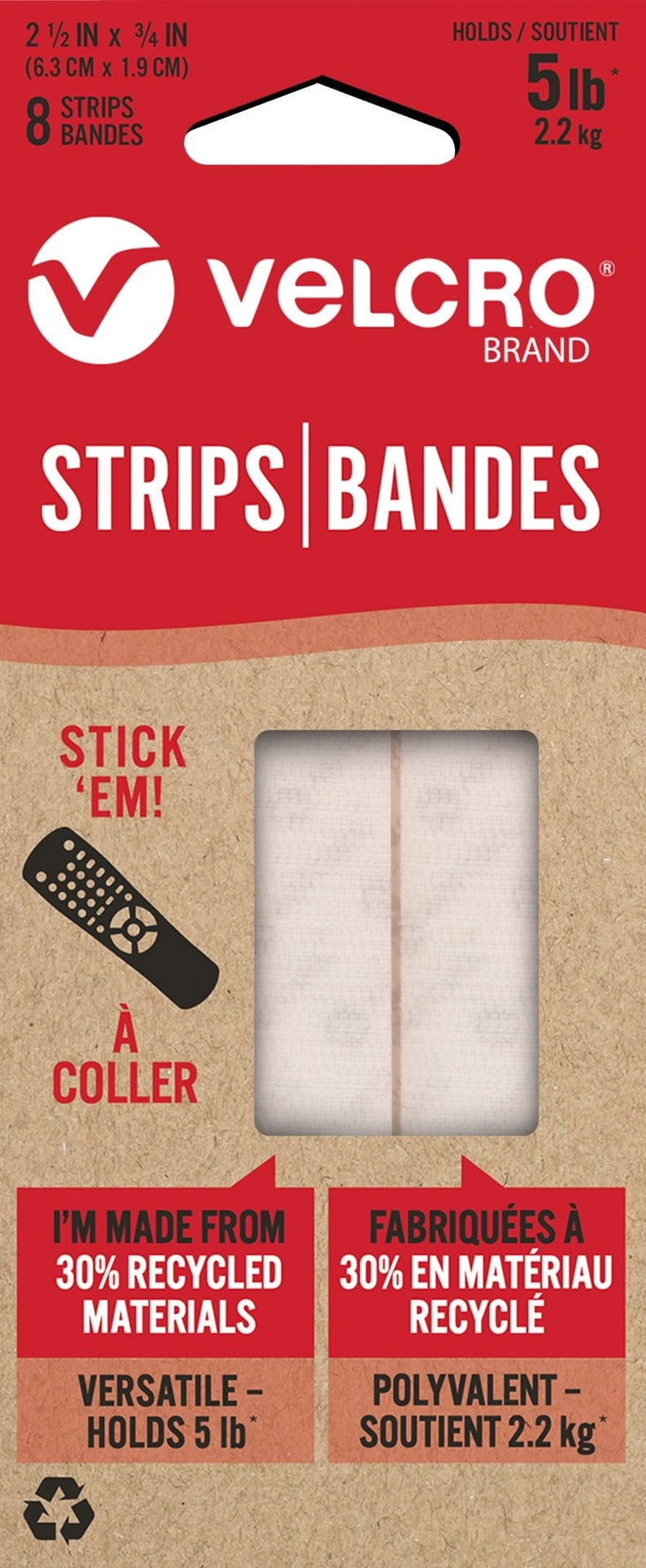 Hook-and-loop Durable Reusable Eco Strips, White, 5-lbs, 2.5 x 0.7-in, 8-pk O7597