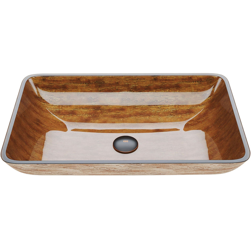 Glass Rectangular Vessel Bathroom Sink/Basin with Rounded Edges & Deep Bowl, Amber Sunset Z7430