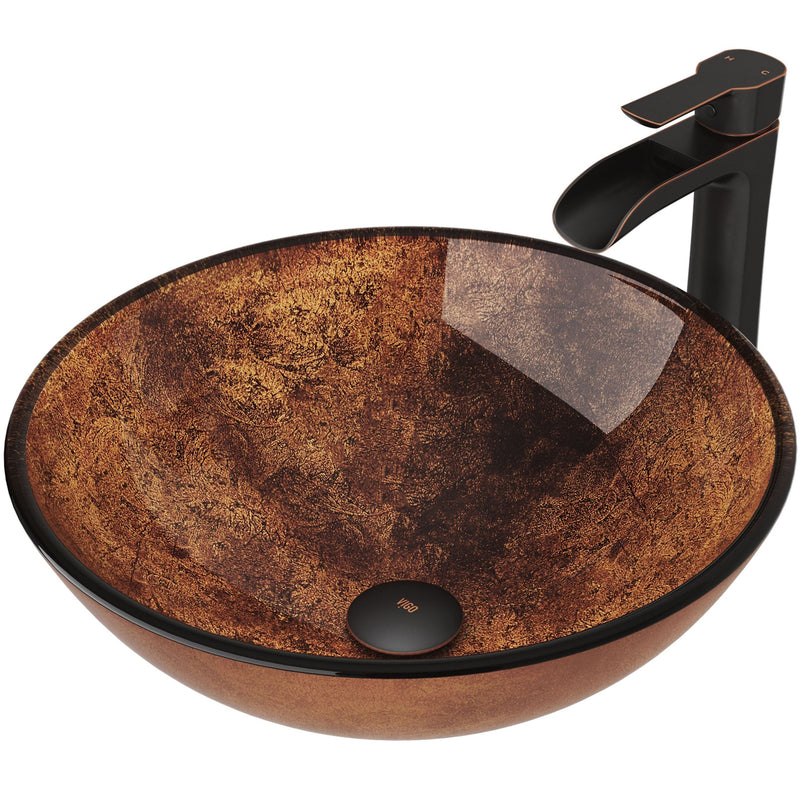 Glass Russet Brown Bathroom Sink/Basin Set with Niko Faucet and Round Vessel B1706