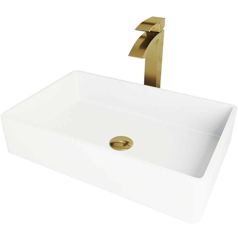 Magnolia White Bathroom Sink/Basin Set with Matte Gold Duris Faucet and Rectangular Composite Vessel E2875